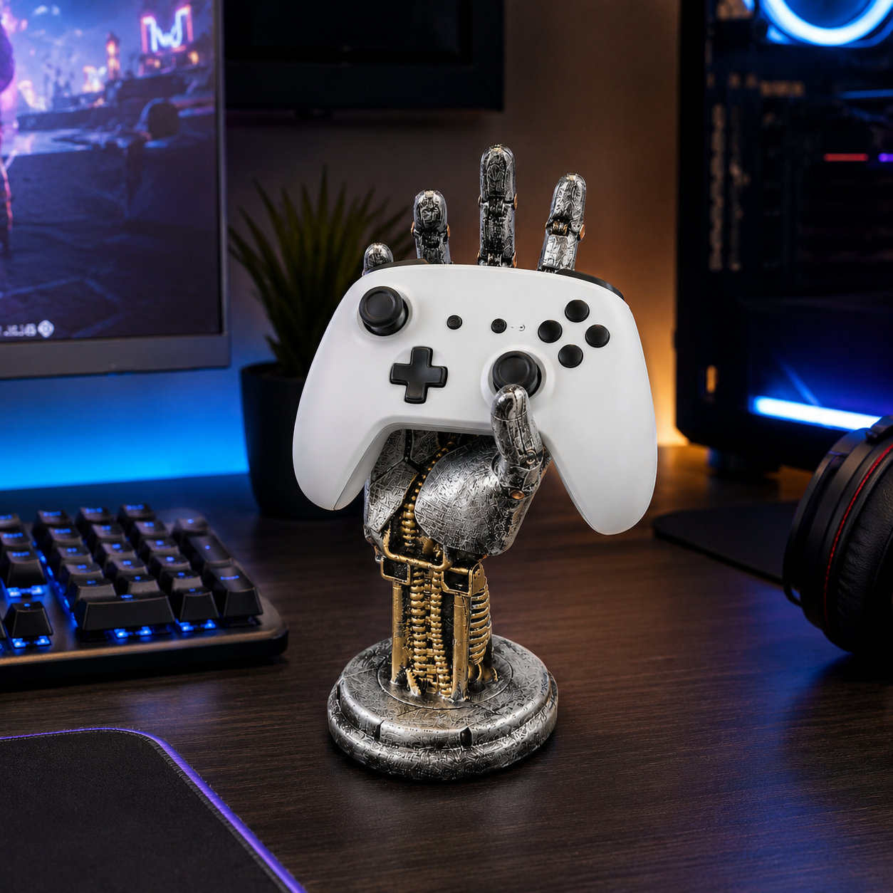 Robot Hand Controller Holder, Mechanical Gaming Hand Stand for Xbox, PlayStation, Switch Pro Controllers, Headset Stand, Gamer Desk Decor, Silver Cyberpunk Game Room Accessory