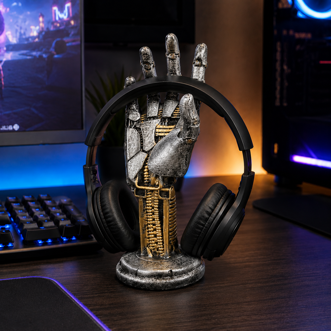 Robot Hand Controller Holder, Mechanical Gaming Hand Stand for Xbox, PlayStation, Switch Pro Controllers, Headset Stand, Gamer Desk Decor, Silver Cyberpunk Game Room Accessory