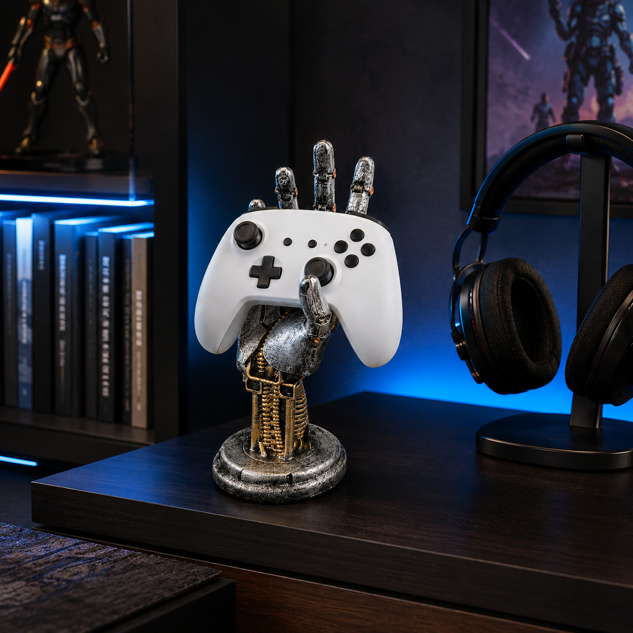 Robot Hand Controller Holder, Mechanical Gaming Hand Stand for Xbox, PlayStation, Switch Pro Controllers, Headset Stand, Gamer Desk Decor, Silver Cyberpunk Game Room Accessory