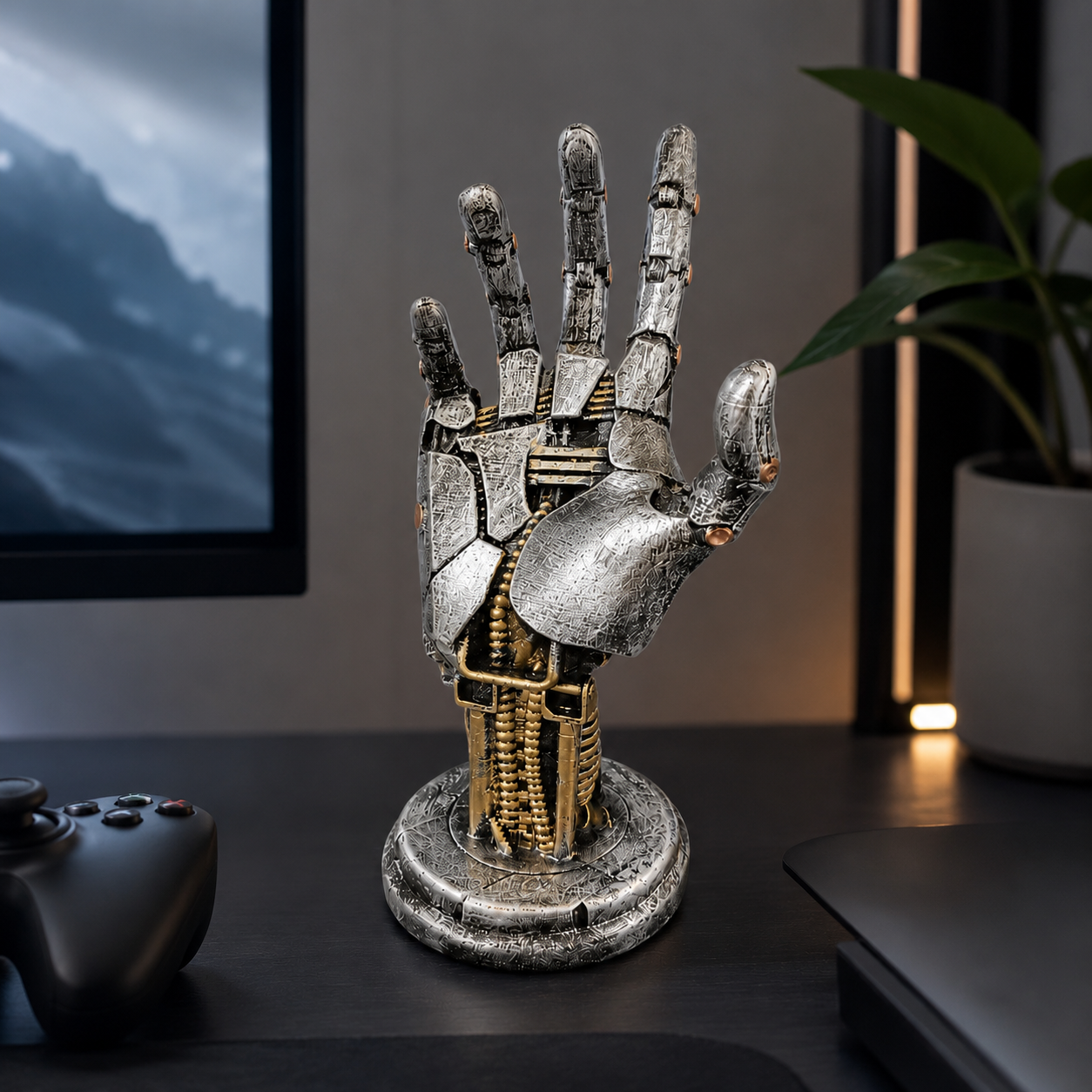 Robot Hand Controller Holder, Mechanical Gaming Hand Stand for Xbox, PlayStation, Switch Pro Controllers, Headset Stand, Gamer Desk Decor, Silver Cyberpunk Game Room Accessory
