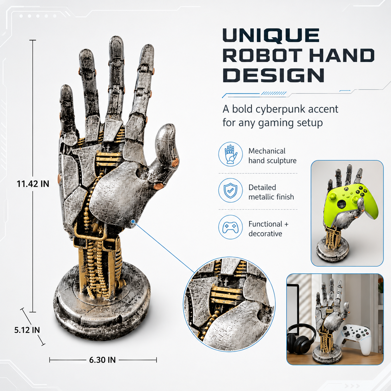 Robot Hand Controller Holder, Mechanical Gaming Hand Stand for Xbox, PlayStation, Switch Pro Controllers, Headset Stand, Gamer Desk Decor, Silver Cyberpunk Game Room Accessory