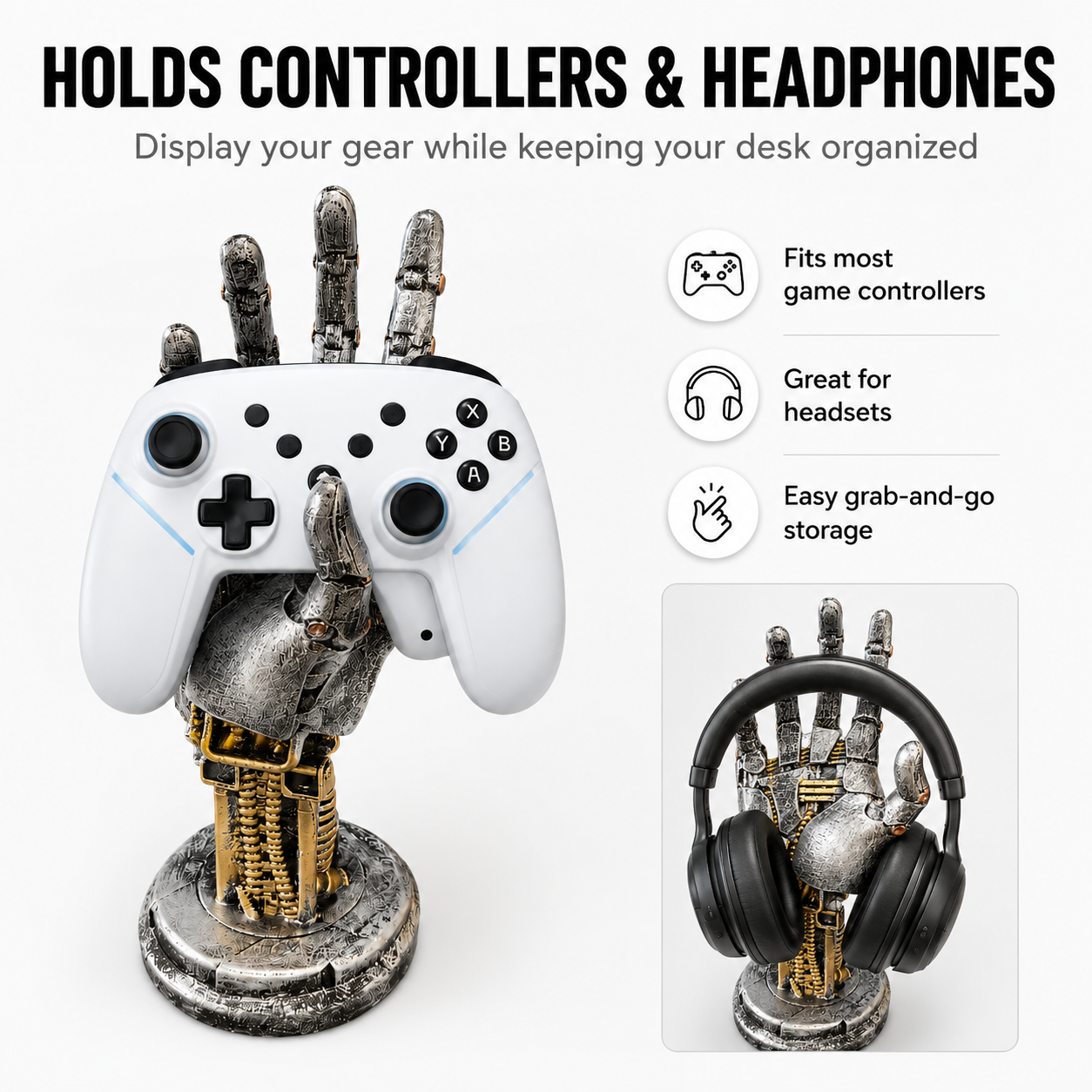 Robot Hand Controller Holder, Mechanical Gaming Hand Stand for Xbox, PlayStation, Switch Pro Controllers, Headset Stand, Gamer Desk Decor, Silver Cyberpunk Game Room Accessory