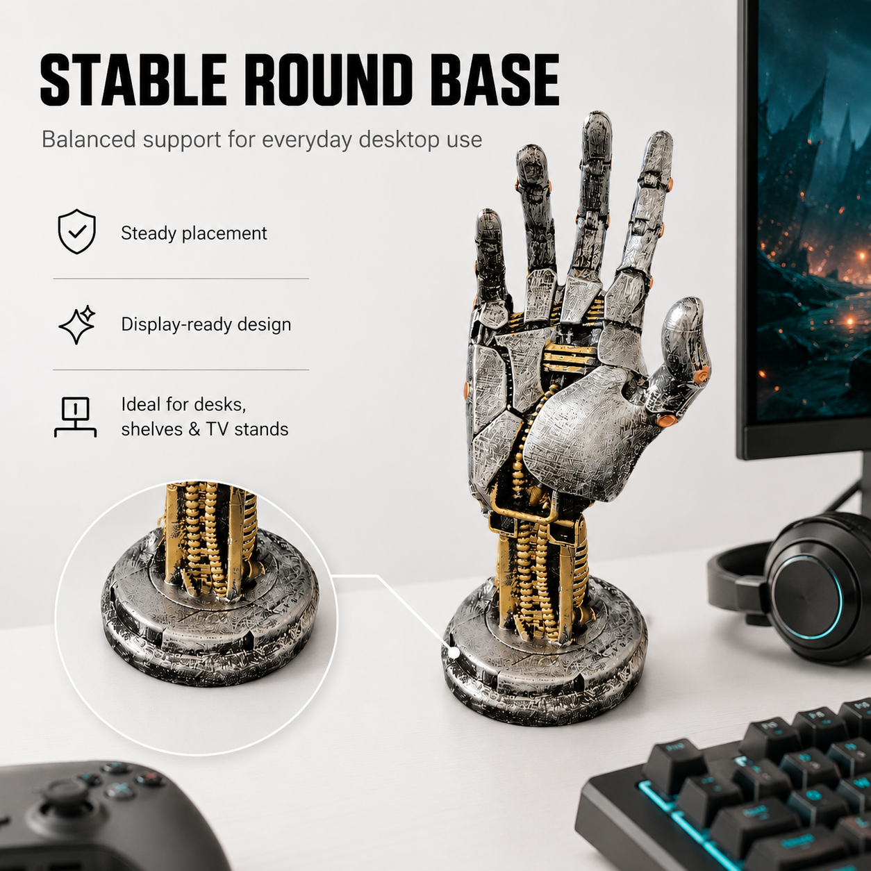 Robot Hand Controller Holder, Mechanical Gaming Hand Stand for Xbox, PlayStation, Switch Pro Controllers, Headset Stand, Gamer Desk Decor, Silver Cyberpunk Game Room Accessory