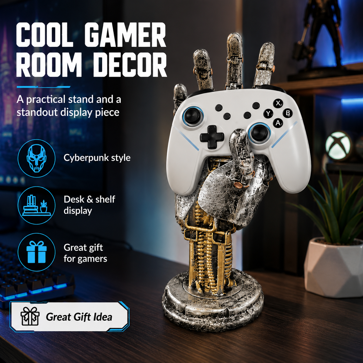 Robot Hand Controller Holder, Mechanical Gaming Hand Stand for Xbox, PlayStation, Switch Pro Controllers, Headset Stand, Gamer Desk Decor, Silver Cyberpunk Game Room Accessory