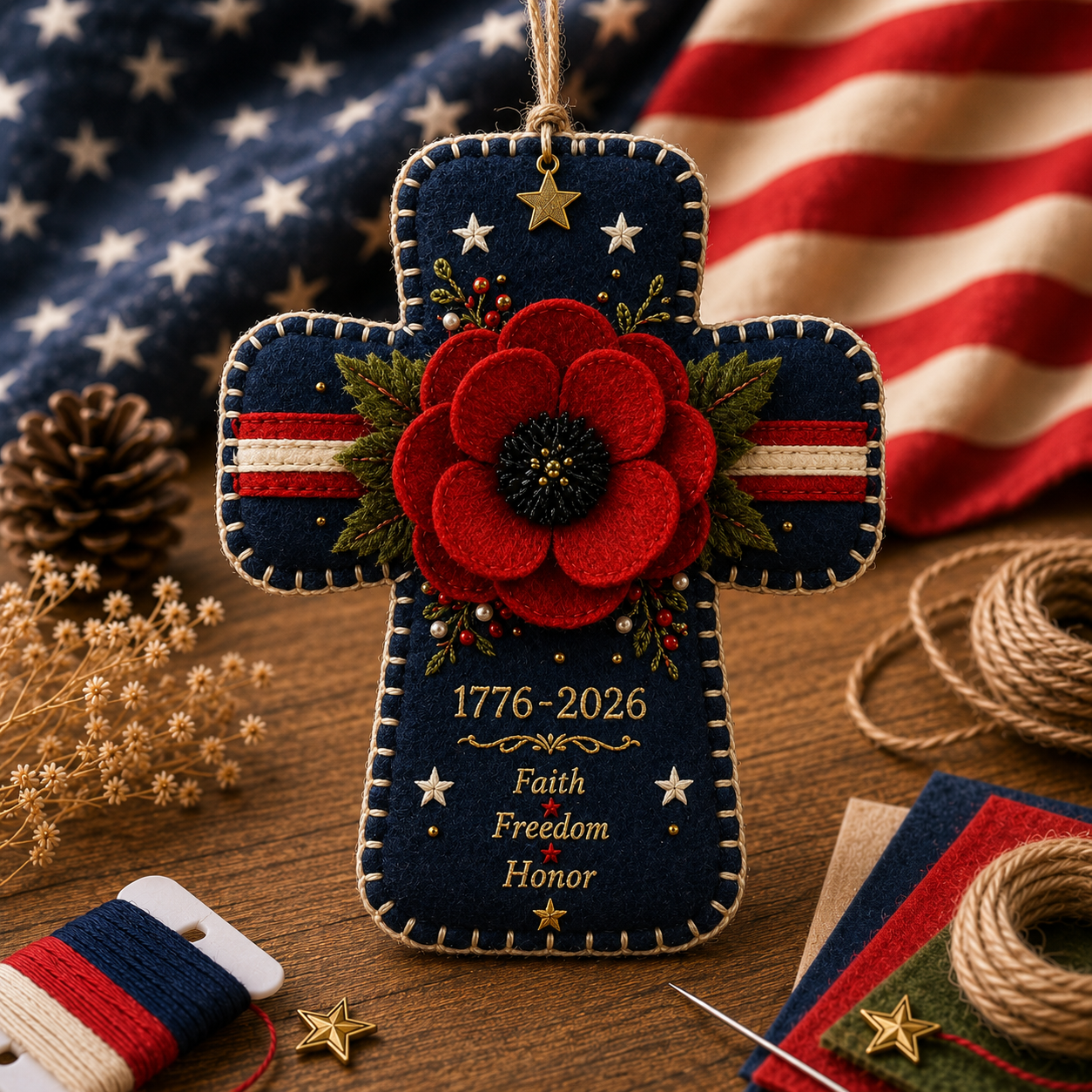 America 250 DIY Felt Ornament Kit, 1776-2026 Patriotic Handmade Hanging Decoration, Red White Blue Felt Craft Kit with Embroidery Thread, Jute Cord & Star Charm for Independence Day, Memorial Day, Veterans Day, Home Decor