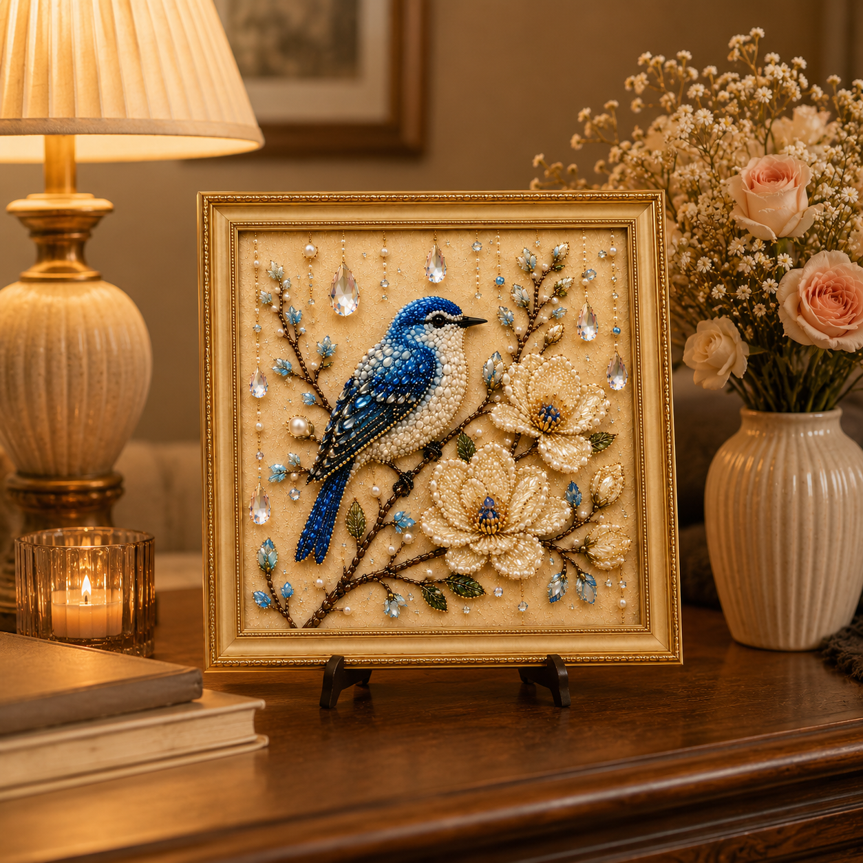 Bird Pearl Art DIY Kit, Beaded Bird and Flower Craft Kit for Adults, Sparkling Pearl Artwork Set with Crystals, Handmade Home Decor Gift for Women and Bird Lovers