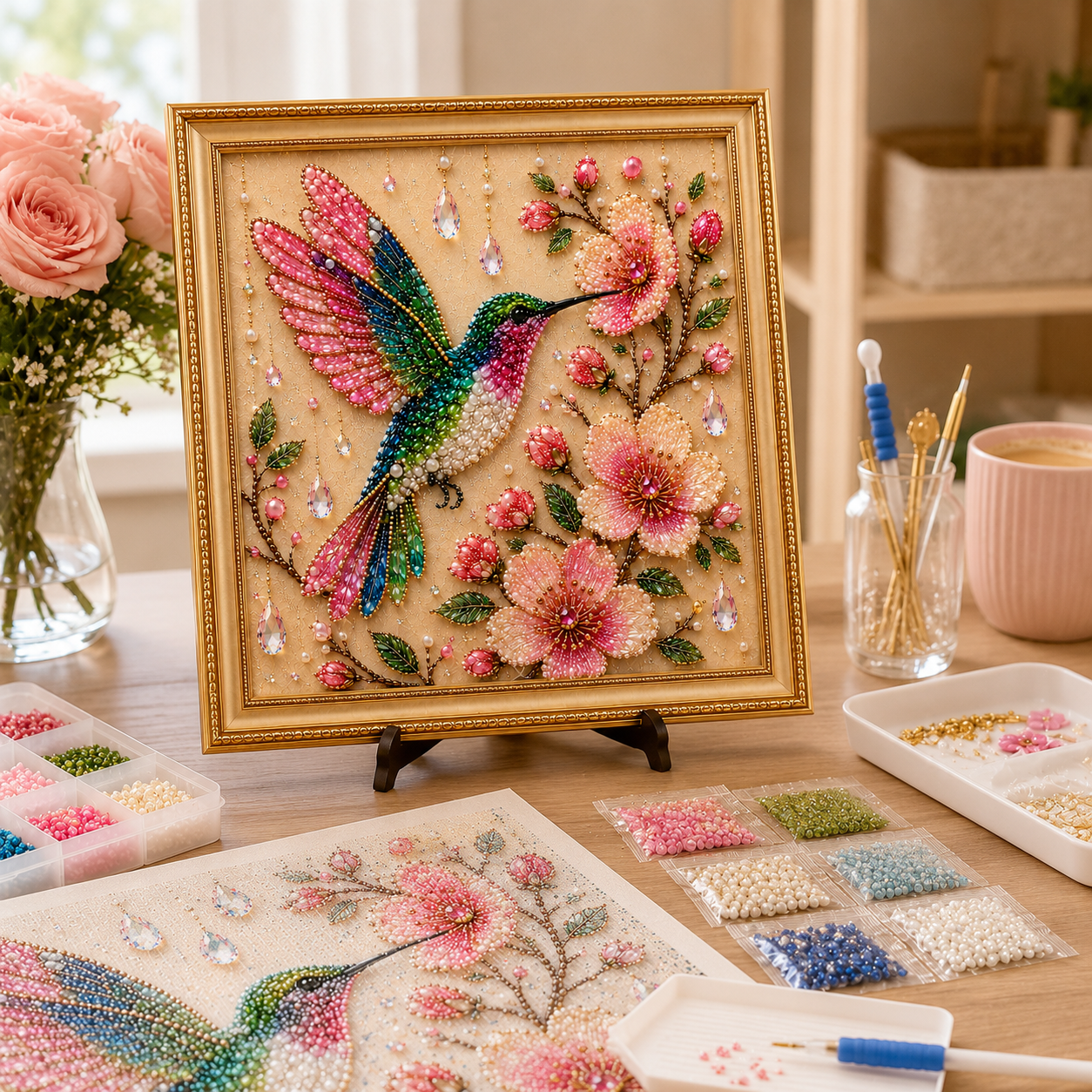 Bird Pearl Art DIY Kit, Beaded Bird and Flower Craft Kit for Adults, Sparkling Pearl Artwork Set with Crystals, Handmade Home Decor Gift for Women and Bird Lovers