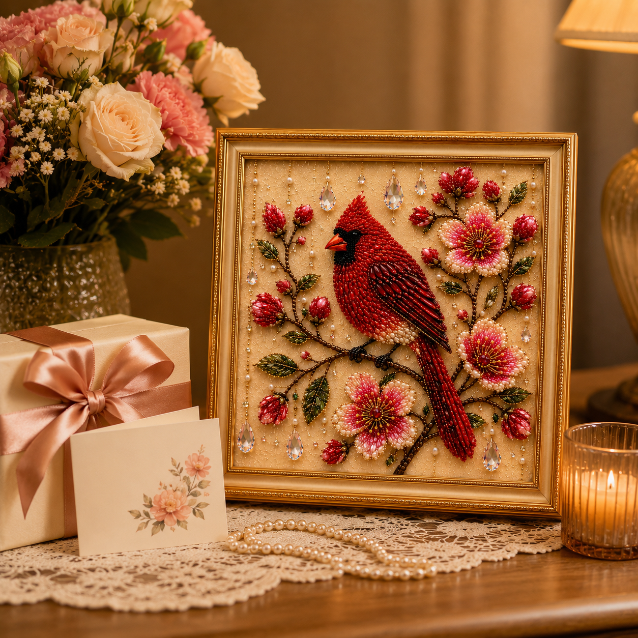 Bird Pearl Art DIY Kit, Beaded Bird and Flower Craft Kit for Adults, Sparkling Pearl Artwork Set with Crystals, Handmade Home Decor Gift for Women and Bird Lovers