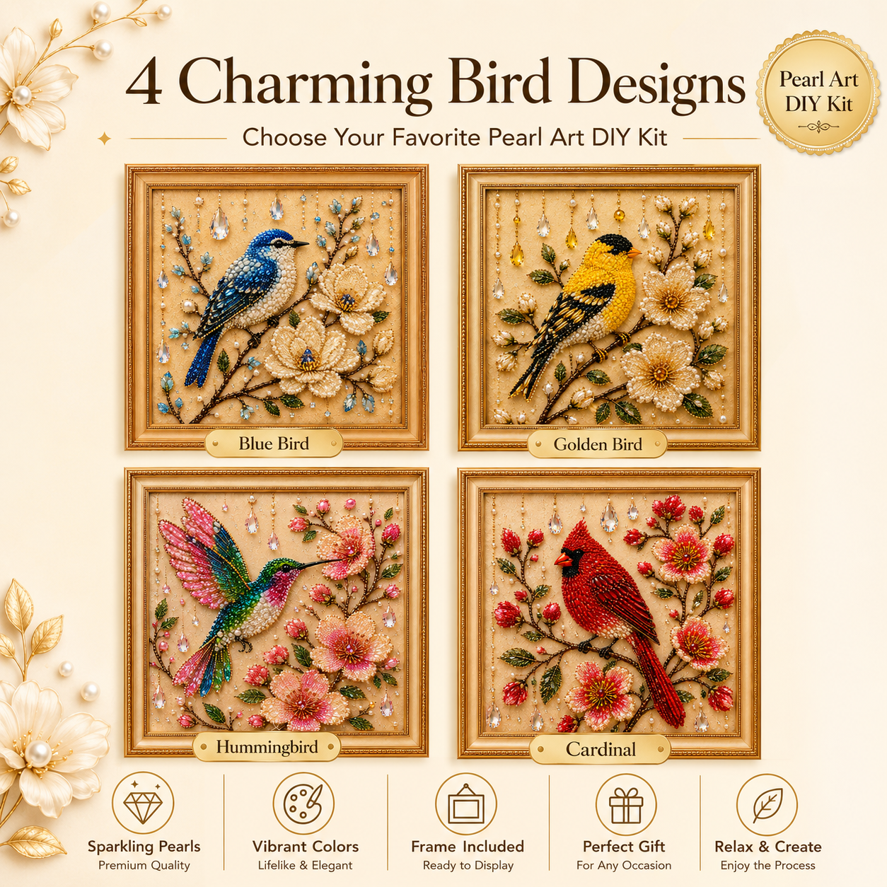 Bird Pearl Art DIY Kit, Beaded Bird and Flower Craft Kit for Adults, Sparkling Pearl Artwork Set with Crystals, Handmade Home Decor Gift for Women and Bird Lovers