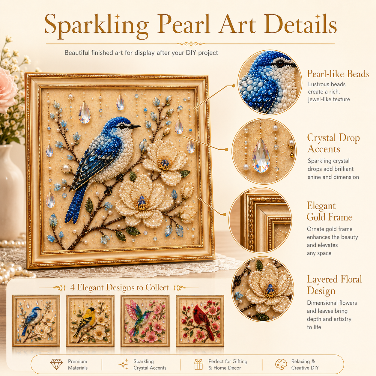 Bird Pearl Art DIY Kit, Beaded Bird and Flower Craft Kit for Adults, Sparkling Pearl Artwork Set with Crystals, Handmade Home Decor Gift for Women and Bird Lovers