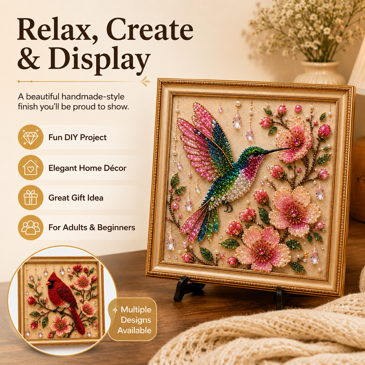 Bird Pearl Art DIY Kit, Beaded Bird and Flower Craft Kit for Adults, Sparkling Pearl Artwork Set with Crystals, Handmade Home Decor Gift for Women and Bird Lovers