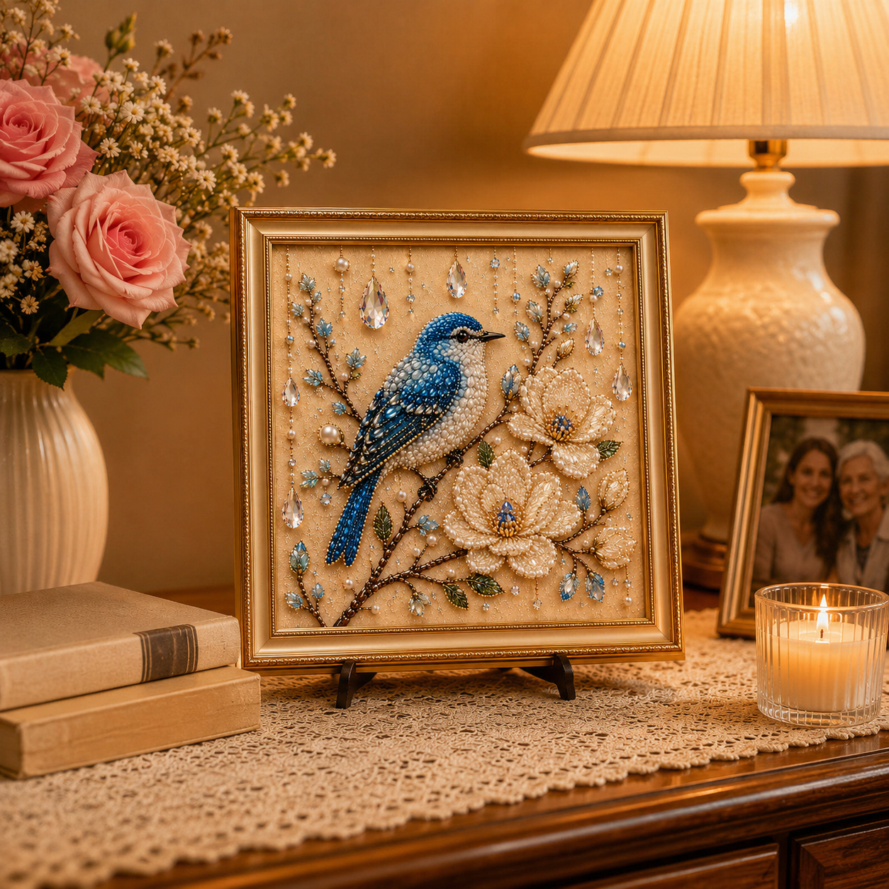 Bird Pearl Art DIY Kit, Beaded Bird and Flower Craft Kit for Adults, Sparkling Pearl Artwork Set with Crystals, Handmade Home Decor Gift for Women and Bird Lovers