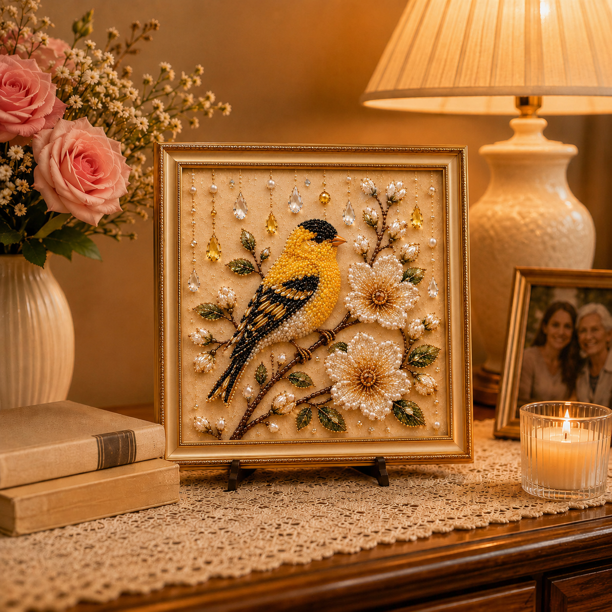 Bird Pearl Art DIY Kit, Beaded Bird and Flower Craft Kit for Adults, Sparkling Pearl Artwork Set with Crystals, Handmade Home Decor Gift for Women and Bird Lovers