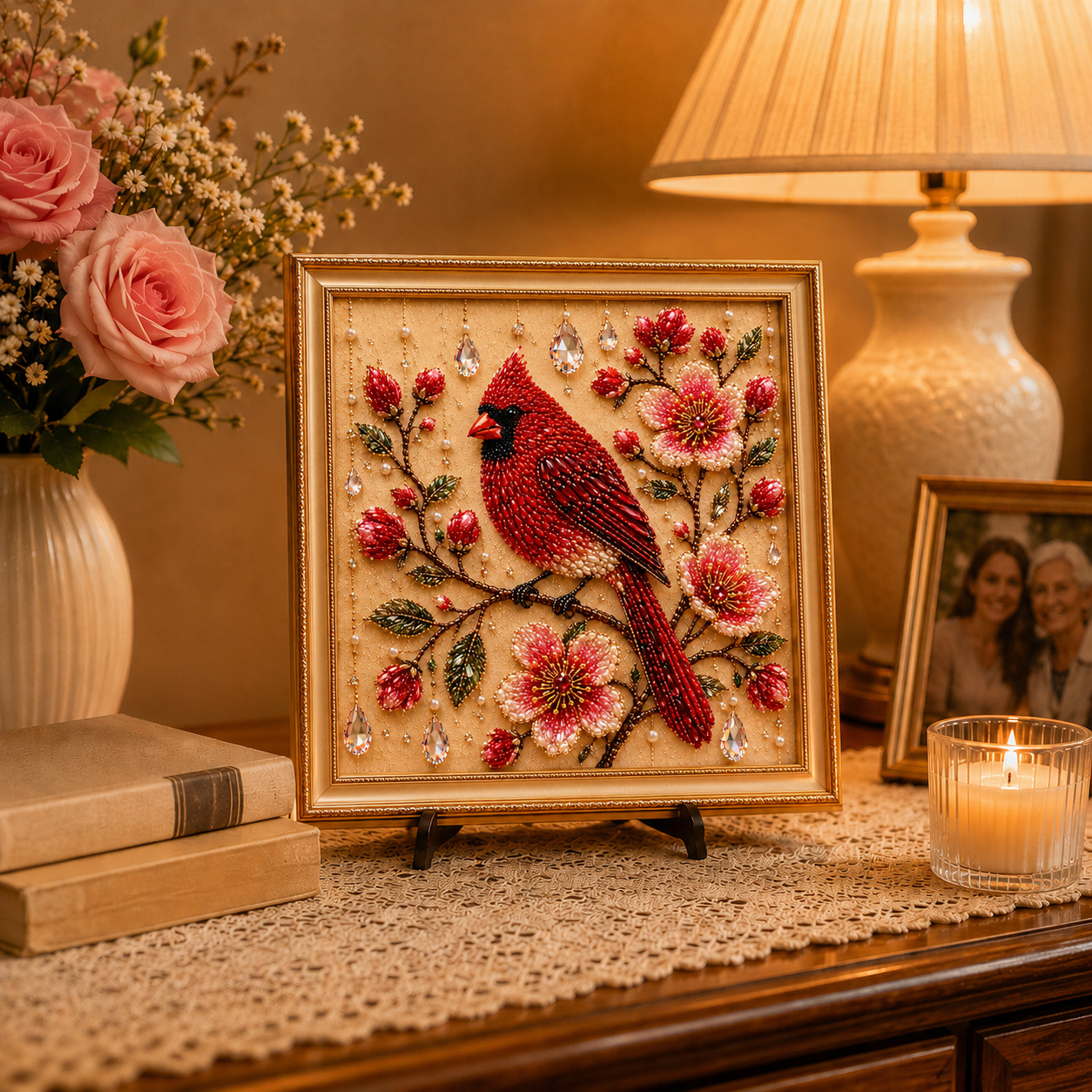 Bird Pearl Art DIY Kit, Beaded Bird and Flower Craft Kit for Adults, Sparkling Pearl Artwork Set with Crystals, Handmade Home Decor Gift for Women and Bird Lovers