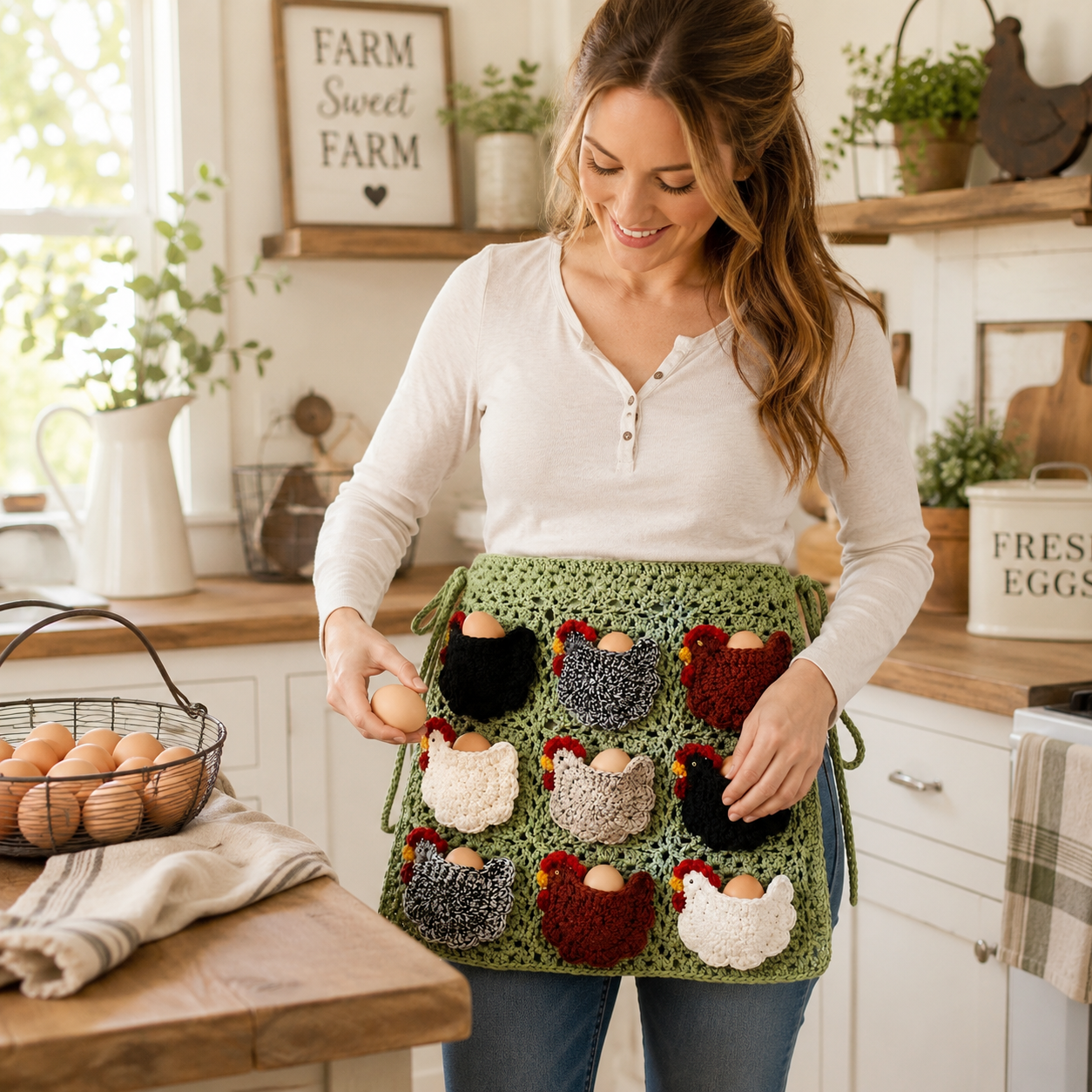 Handmade Crochet Chicken Egg Collecting Apron with 9 Hen Pockets, Reusable Farmhouse Egg Gathering Apron for Backyard Chicken Keepers, Homesteaders, Kids Chores & Rustic Kitchen Decor