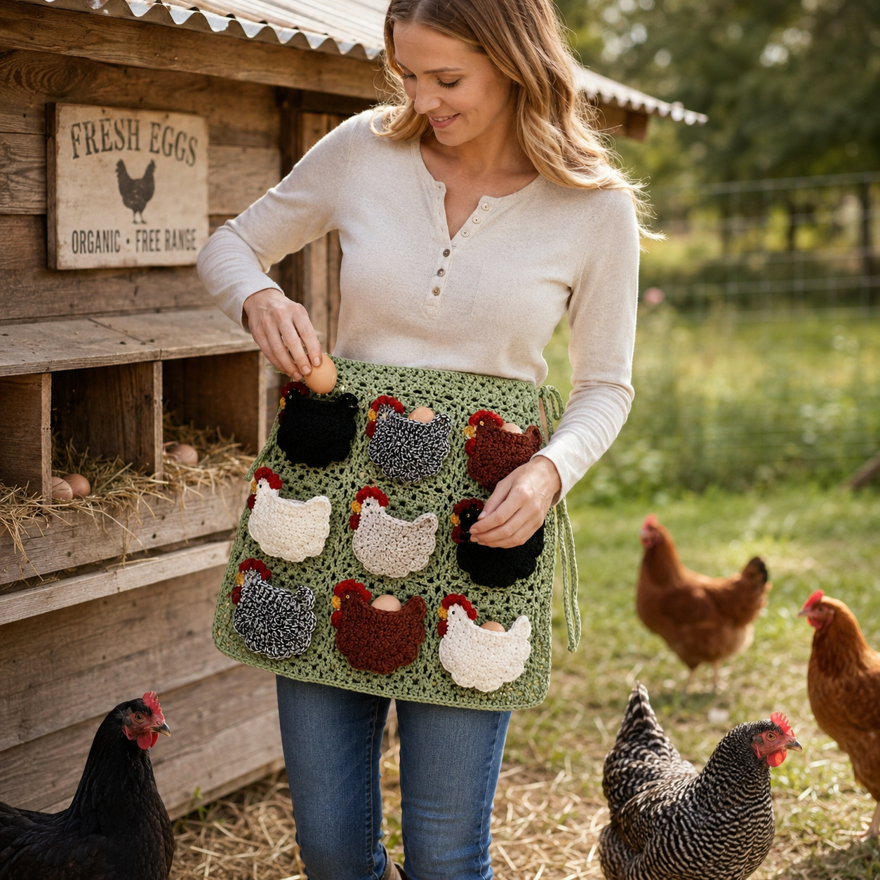 Handmade Crochet Chicken Egg Collecting Apron with 9 Hen Pockets, Reusable Farmhouse Egg Gathering Apron for Backyard Chicken Keepers, Homesteaders, Kids Chores & Rustic Kitchen Decor
