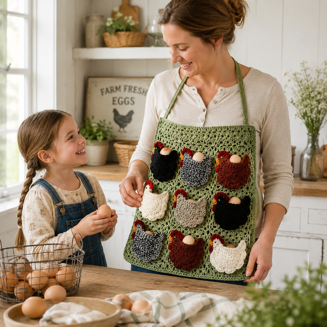 Handmade Crochet Chicken Egg Collecting Apron with 9 Hen Pockets, Reusable Farmhouse Egg Gathering Apron for Backyard Chicken Keepers, Homesteaders, Kids Chores & Rustic Kitchen Decor