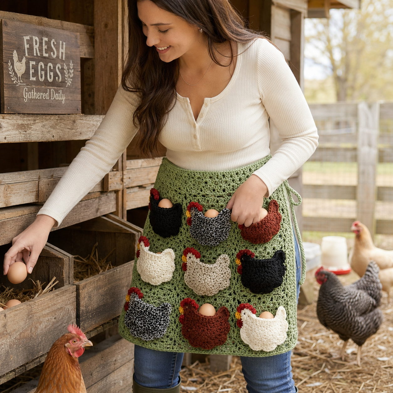 Handmade Crochet Chicken Egg Collecting Apron with 9 Hen Pockets, Reusable Farmhouse Egg Gathering Apron for Backyard Chicken Keepers, Homesteaders, Kids Chores & Rustic Kitchen Decor