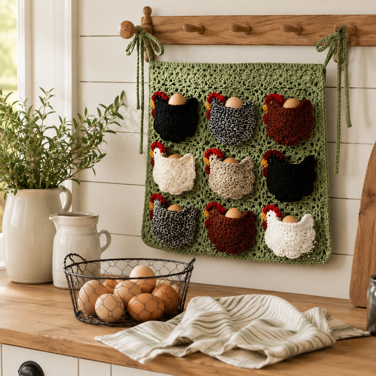 Handmade Crochet Chicken Egg Collecting Apron with 9 Hen Pockets, Reusable Farmhouse Egg Gathering Apron for Backyard Chicken Keepers, Homesteaders, Kids Chores & Rustic Kitchen Decor