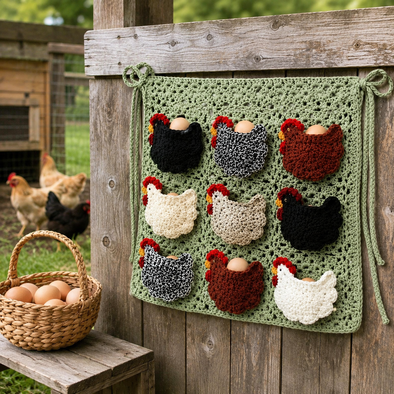 Handmade Crochet Chicken Egg Collecting Apron with 9 Hen Pockets, Reusable Farmhouse Egg Gathering Apron for Backyard Chicken Keepers, Homesteaders, Kids Chores & Rustic Kitchen Decor