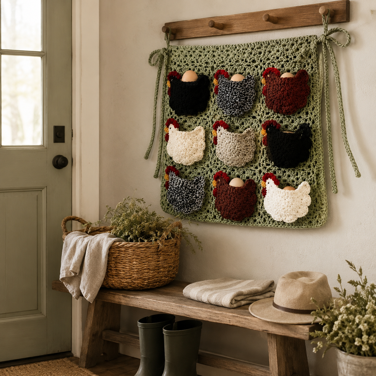 Handmade Crochet Chicken Egg Collecting Apron with 9 Hen Pockets, Reusable Farmhouse Egg Gathering Apron for Backyard Chicken Keepers, Homesteaders, Kids Chores & Rustic Kitchen Decor