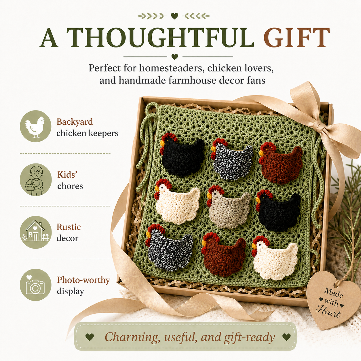 Handmade Crochet Chicken Egg Collecting Apron with 9 Hen Pockets, Reusable Farmhouse Egg Gathering Apron for Backyard Chicken Keepers, Homesteaders, Kids Chores & Rustic Kitchen Decor
