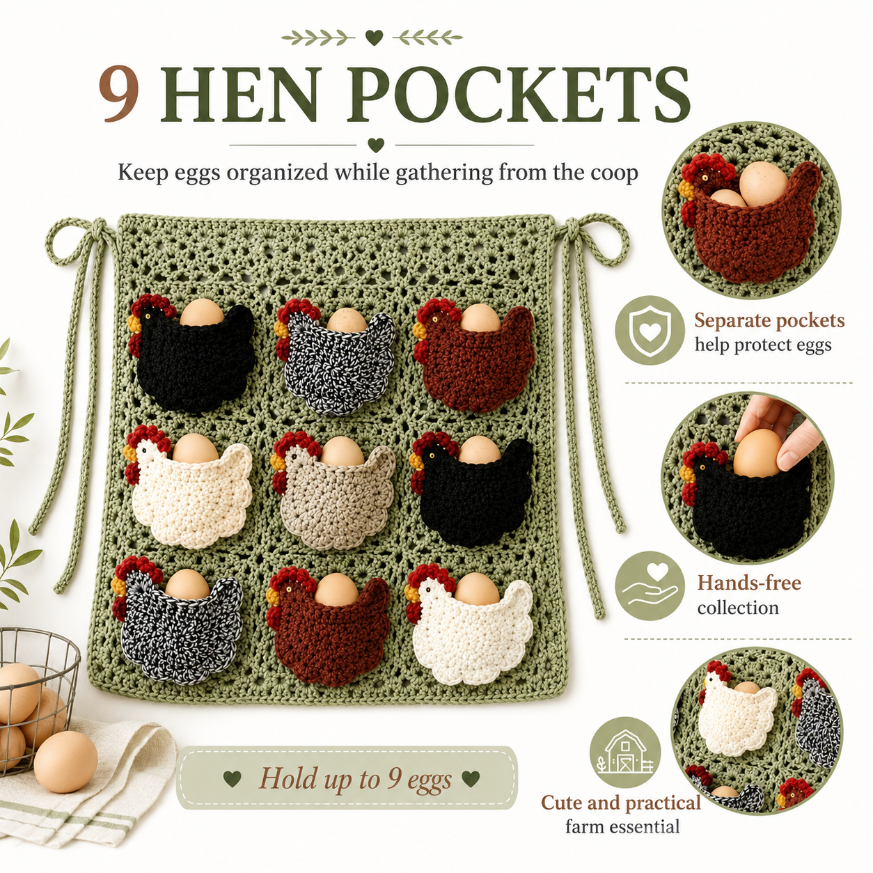 Handmade Crochet Chicken Egg Collecting Apron with 9 Hen Pockets, Reusable Farmhouse Egg Gathering Apron for Backyard Chicken Keepers, Homesteaders, Kids Chores & Rustic Kitchen Decor
