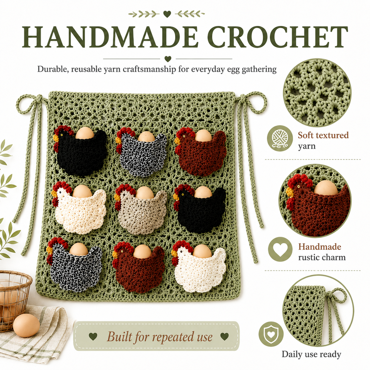 Handmade Crochet Chicken Egg Collecting Apron with 9 Hen Pockets, Reusable Farmhouse Egg Gathering Apron for Backyard Chicken Keepers, Homesteaders, Kids Chores & Rustic Kitchen Decor