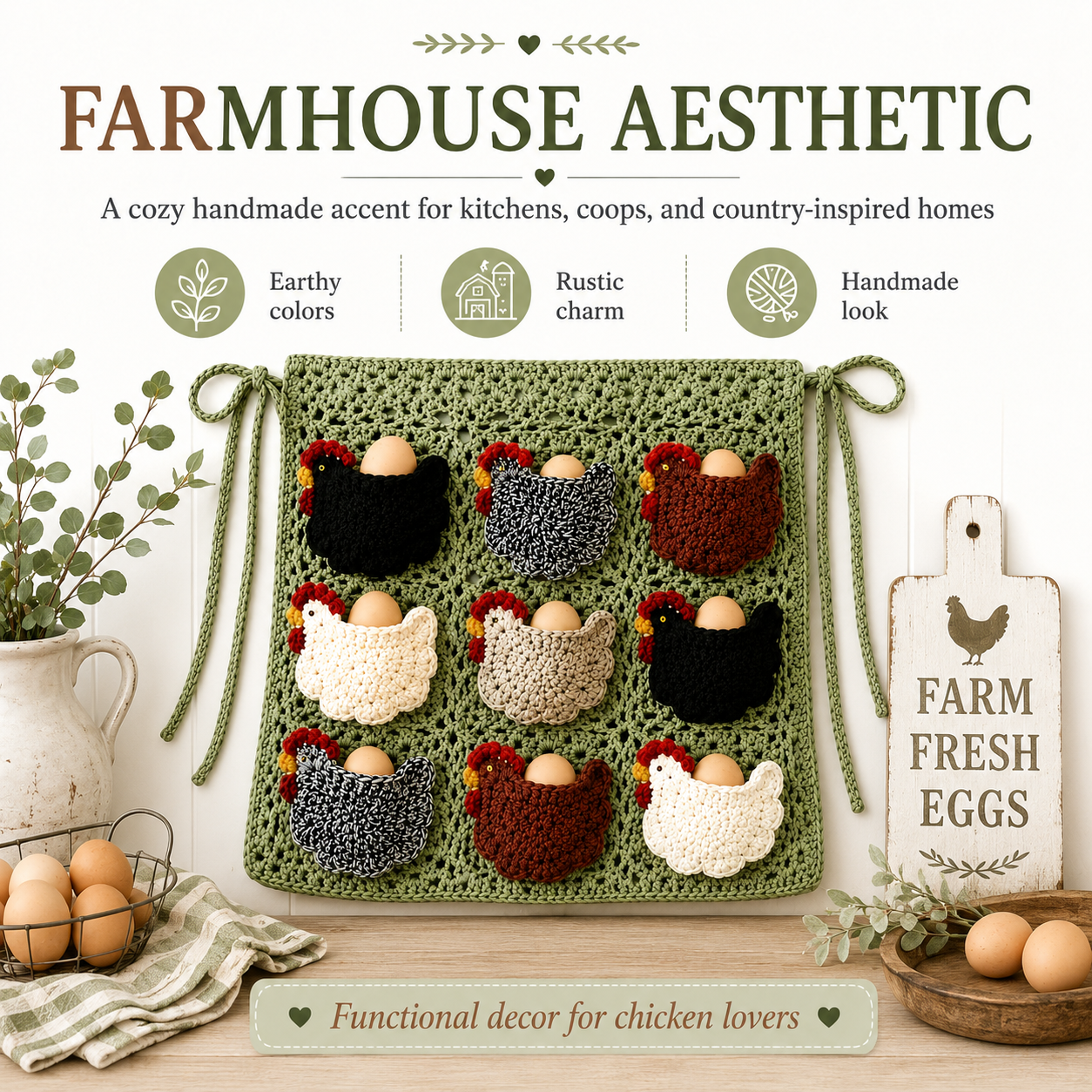 Handmade Crochet Chicken Egg Collecting Apron with 9 Hen Pockets, Reusable Farmhouse Egg Gathering Apron for Backyard Chicken Keepers, Homesteaders, Kids Chores & Rustic Kitchen Decor