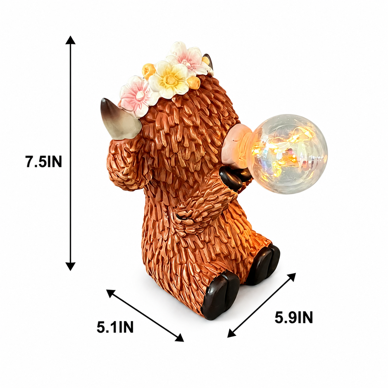 Solar Highland Cow Garden Statue with Glowing Bubble Ball, Solar Powered Resin Cow Figurine with Flower Crown, Outdoor Lighted Yard Decor for Garden, Patio, Lawn, Porch & Farmhouse Gifts