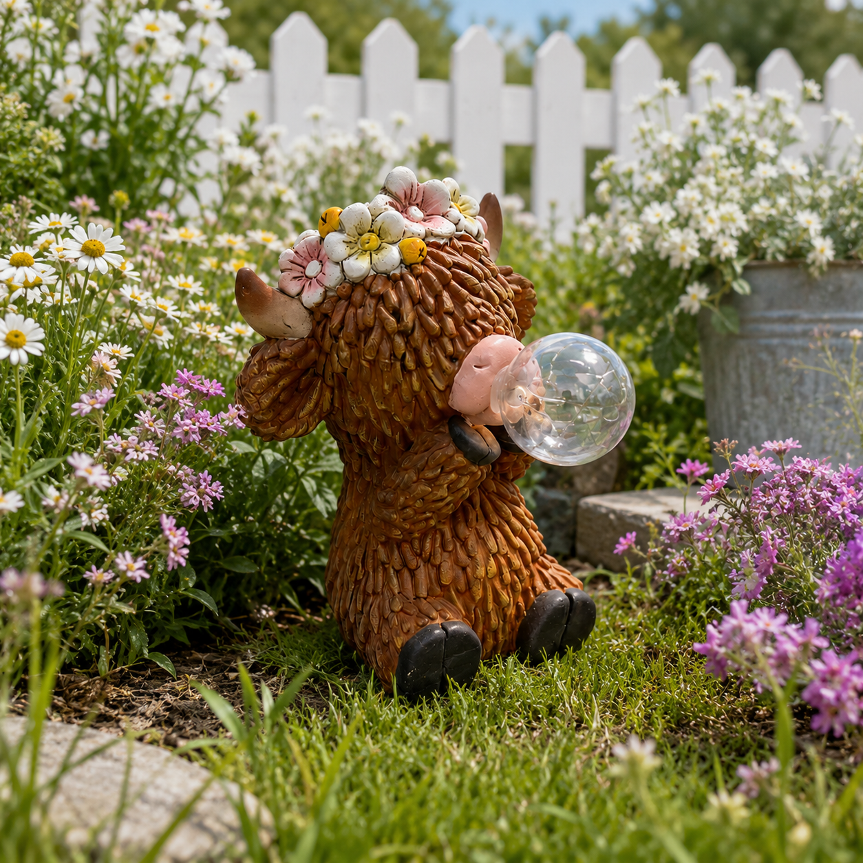 Solar Highland Cow Garden Statue with Glowing Bubble Ball, Solar Powered Resin Cow Figurine with Flower Crown, Outdoor Lighted Yard Decor for Garden, Patio, Lawn, Porch & Farmhouse Gifts