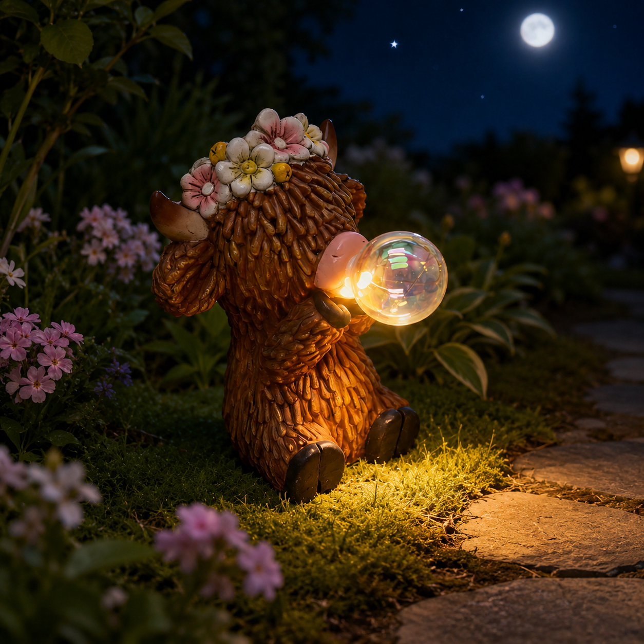 Solar Highland Cow Garden Statue with Glowing Bubble Ball, Solar Powered Resin Cow Figurine with Flower Crown, Outdoor Lighted Yard Decor for Garden, Patio, Lawn, Porch & Farmhouse Gifts