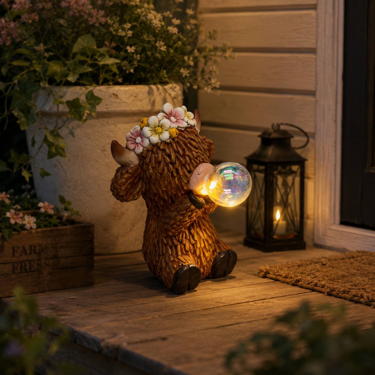 Solar Highland Cow Garden Statue with Glowing Bubble Ball, Solar Powered Resin Cow Figurine with Flower Crown, Outdoor Lighted Yard Decor for Garden, Patio, Lawn, Porch & Farmhouse Gifts