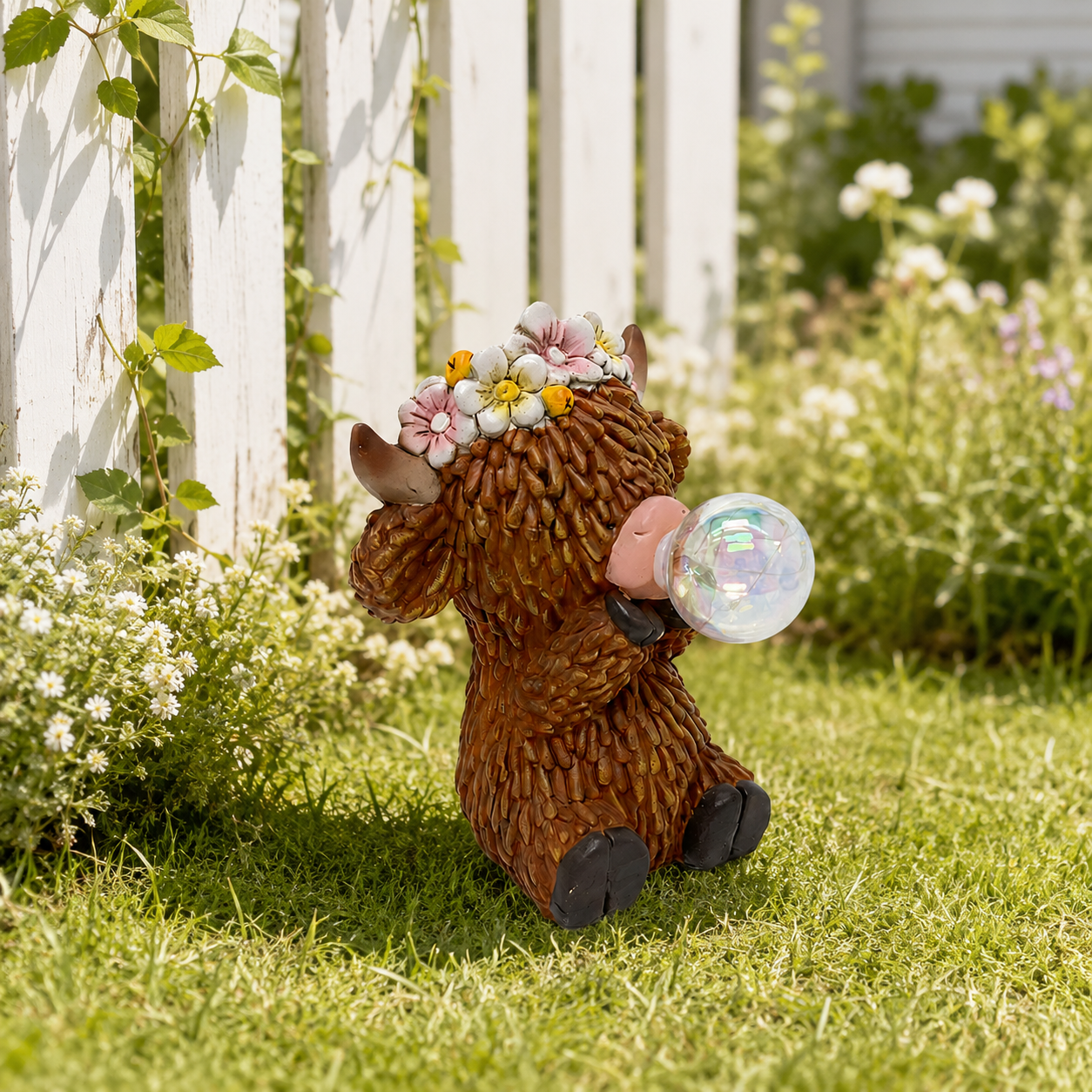 Solar Highland Cow Garden Statue with Glowing Bubble Ball, Solar Powered Resin Cow Figurine with Flower Crown, Outdoor Lighted Yard Decor for Garden, Patio, Lawn, Porch & Farmhouse Gifts