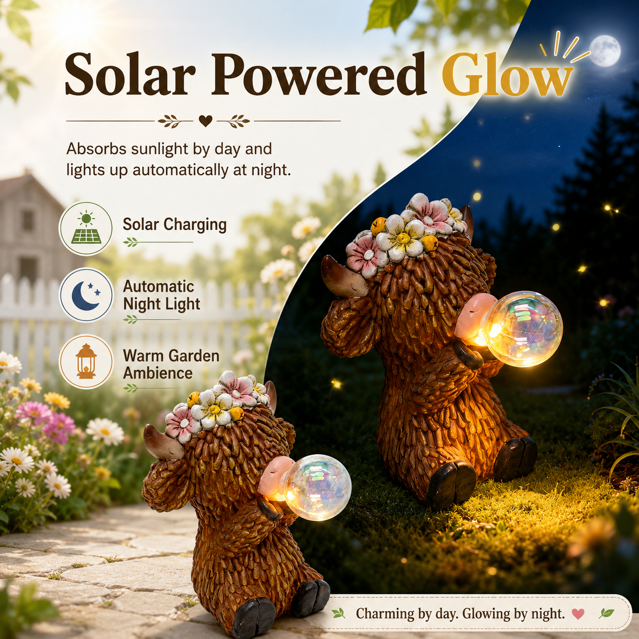 Solar Highland Cow Garden Statue with Glowing Bubble Ball, Solar Powered Resin Cow Figurine with Flower Crown, Outdoor Lighted Yard Decor for Garden, Patio, Lawn, Porch & Farmhouse Gifts