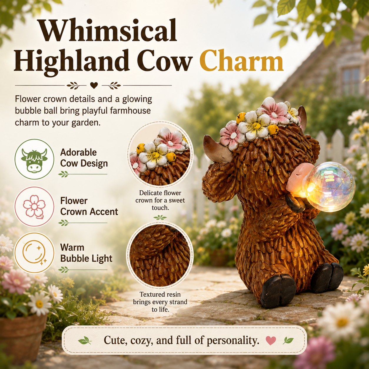 Solar Highland Cow Garden Statue with Glowing Bubble Ball, Solar Powered Resin Cow Figurine with Flower Crown, Outdoor Lighted Yard Decor for Garden, Patio, Lawn, Porch & Farmhouse Gifts
