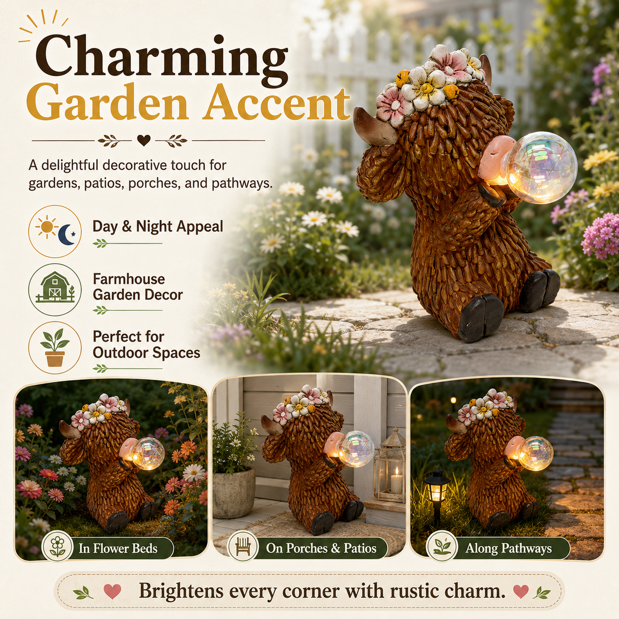 Solar Highland Cow Garden Statue with Glowing Bubble Ball, Solar Powered Resin Cow Figurine with Flower Crown, Outdoor Lighted Yard Decor for Garden, Patio, Lawn, Porch & Farmhouse Gifts