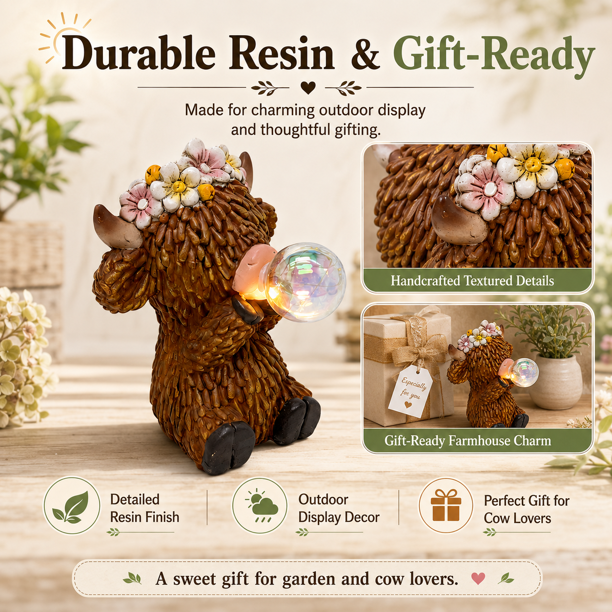 Solar Highland Cow Garden Statue with Glowing Bubble Ball, Solar Powered Resin Cow Figurine with Flower Crown, Outdoor Lighted Yard Decor for Garden, Patio, Lawn, Porch & Farmhouse Gifts