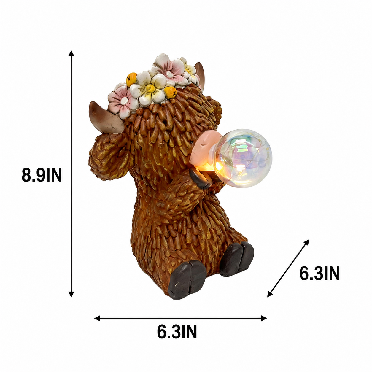 Solar Highland Cow Garden Statue with Glowing Bubble Ball, Solar Powered Resin Cow Figurine with Flower Crown, Outdoor Lighted Yard Decor for Garden, Patio, Lawn, Porch & Farmhouse Gifts