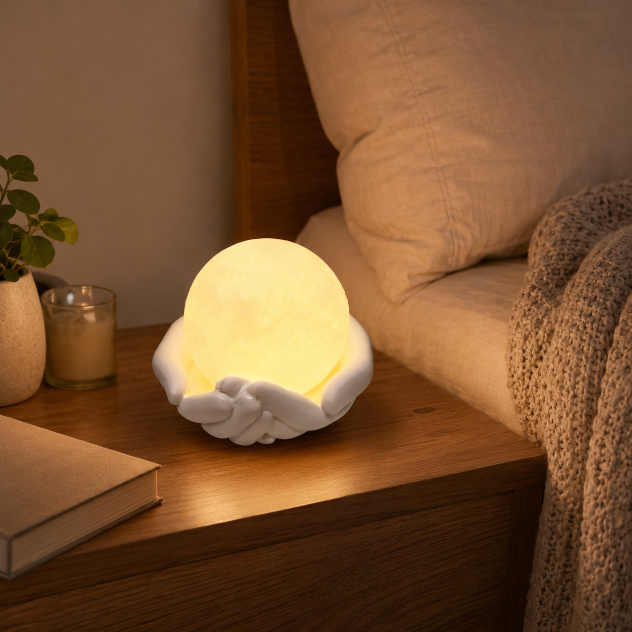 Moon Lamp with Hand Holder, Glowing Full Moon Night Light with White Sculpted Hands Base, Warm Decorative Table Lamp for Bedroom, Nursery, Living Room, Desk, Gift for Women and Kids