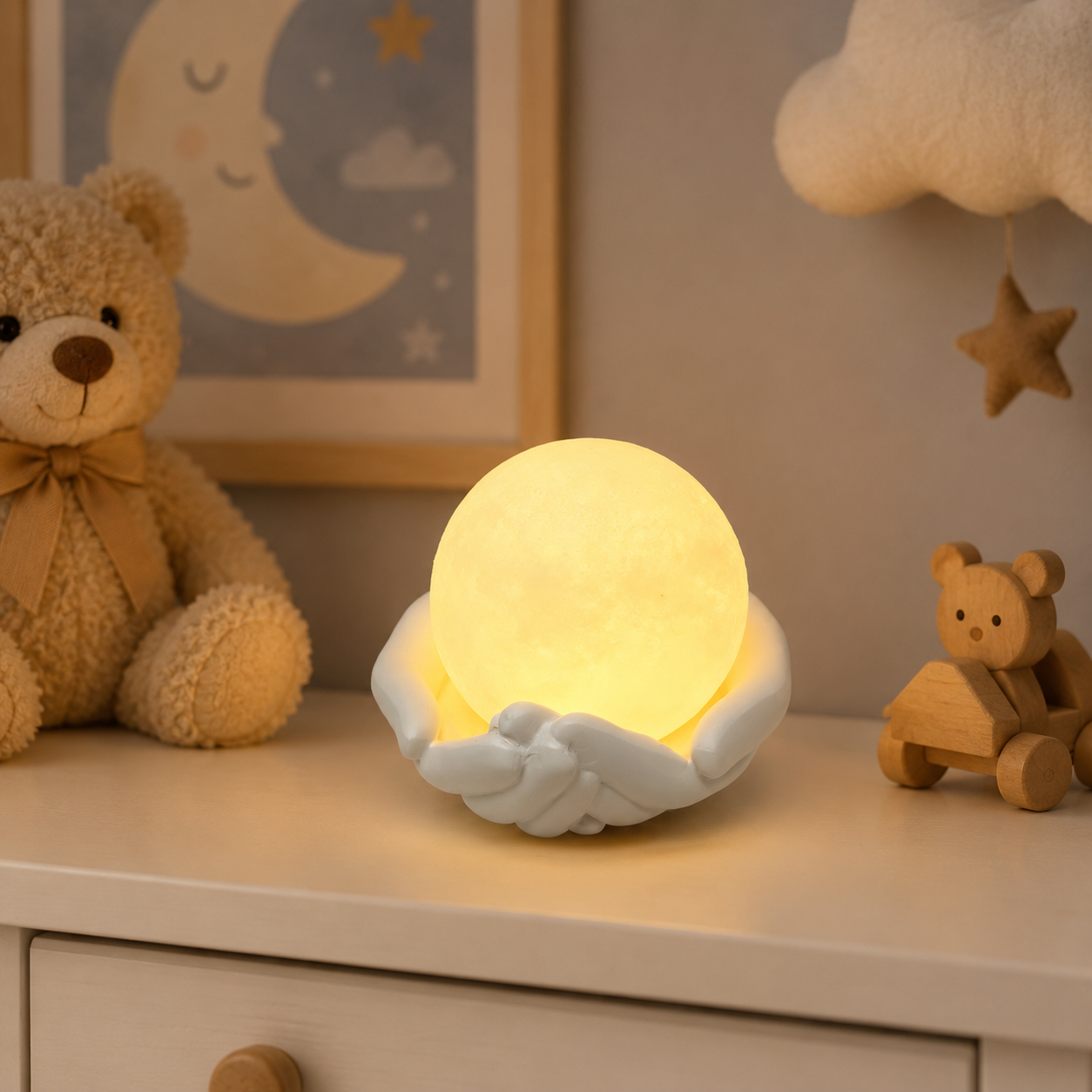 Moon Lamp with Hand Holder, Glowing Full Moon Night Light with White Sculpted Hands Base, Warm Decorative Table Lamp for Bedroom, Nursery, Living Room, Desk, Gift for Women and Kids