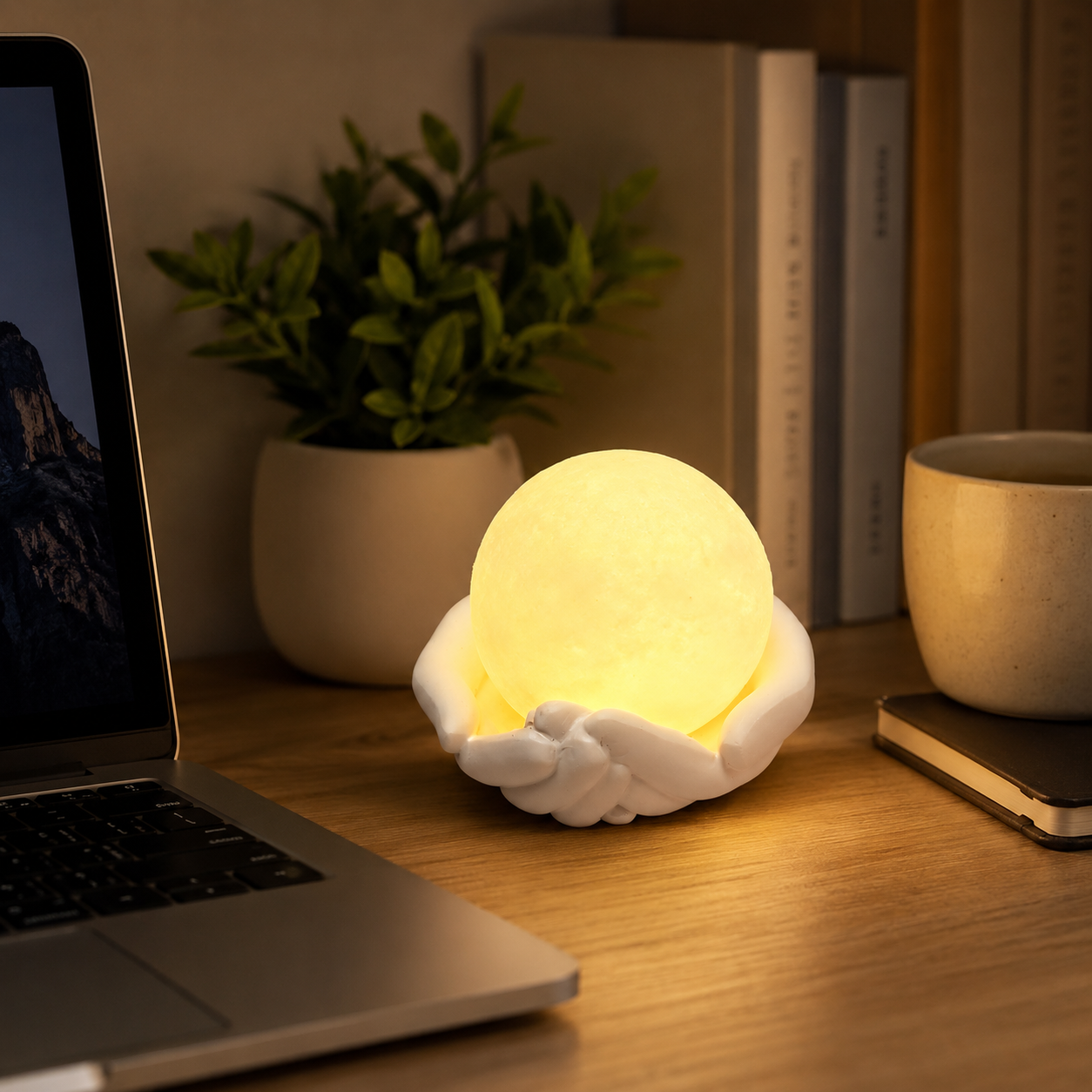 Moon Lamp with Hand Holder, Glowing Full Moon Night Light with White Sculpted Hands Base, Warm Decorative Table Lamp for Bedroom, Nursery, Living Room, Desk, Gift for Women and Kids