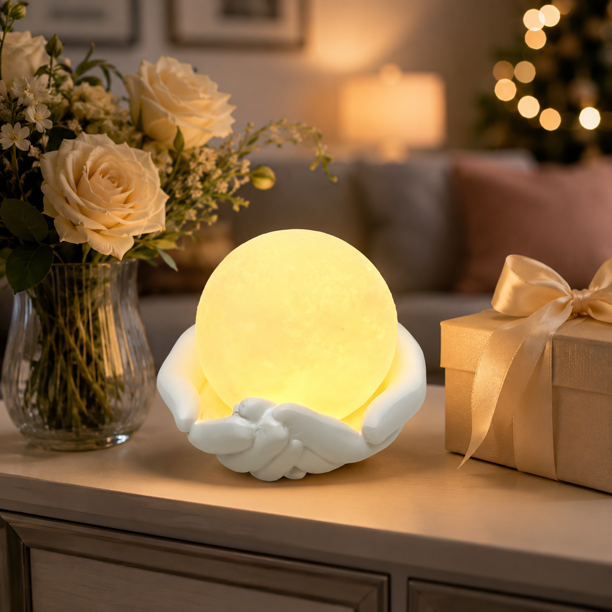 Moon Lamp with Hand Holder, Glowing Full Moon Night Light with White Sculpted Hands Base, Warm Decorative Table Lamp for Bedroom, Nursery, Living Room, Desk, Gift for Women and Kids