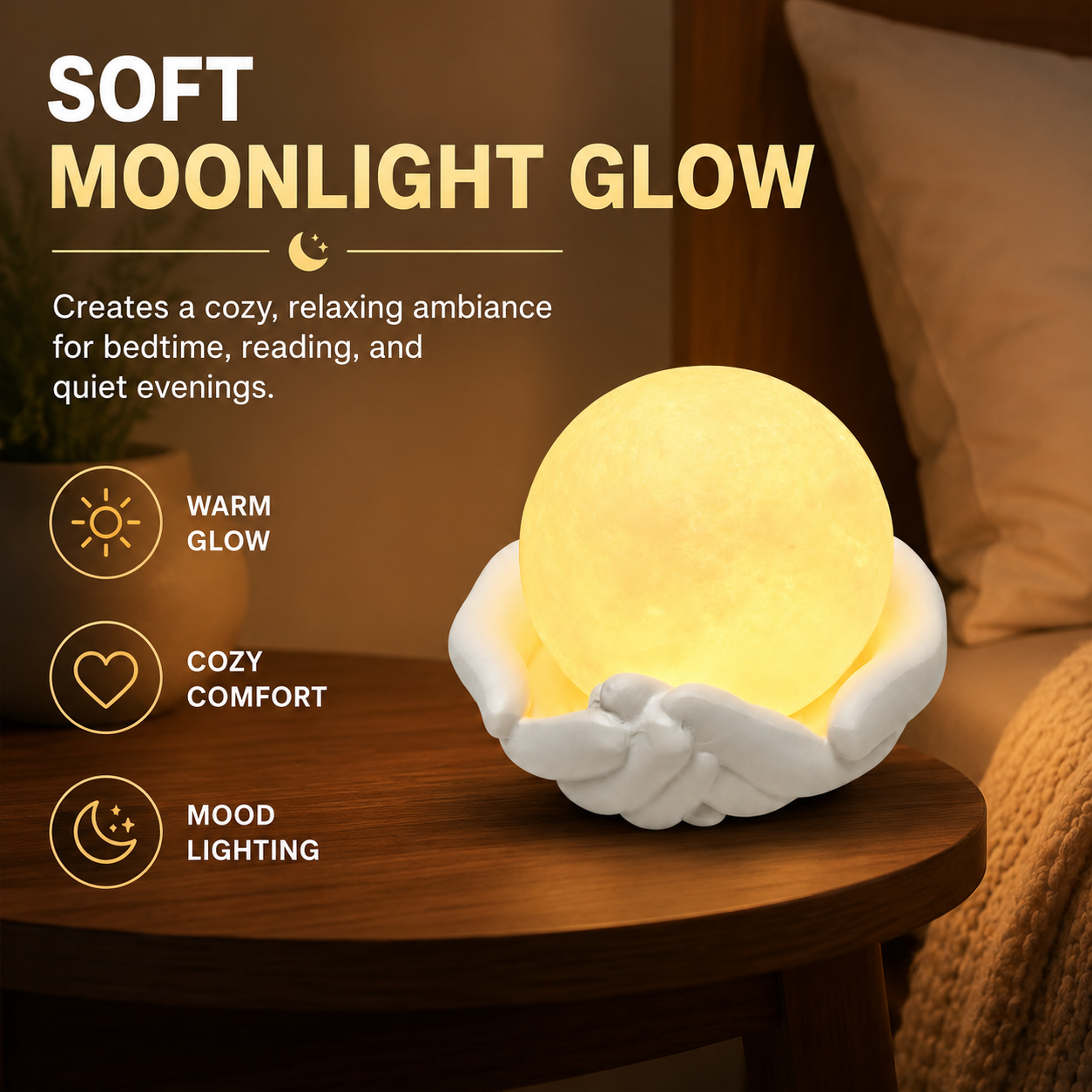 Moon Lamp with Hand Holder, Glowing Full Moon Night Light with White Sculpted Hands Base, Warm Decorative Table Lamp for Bedroom, Nursery, Living Room, Desk, Gift for Women and Kids