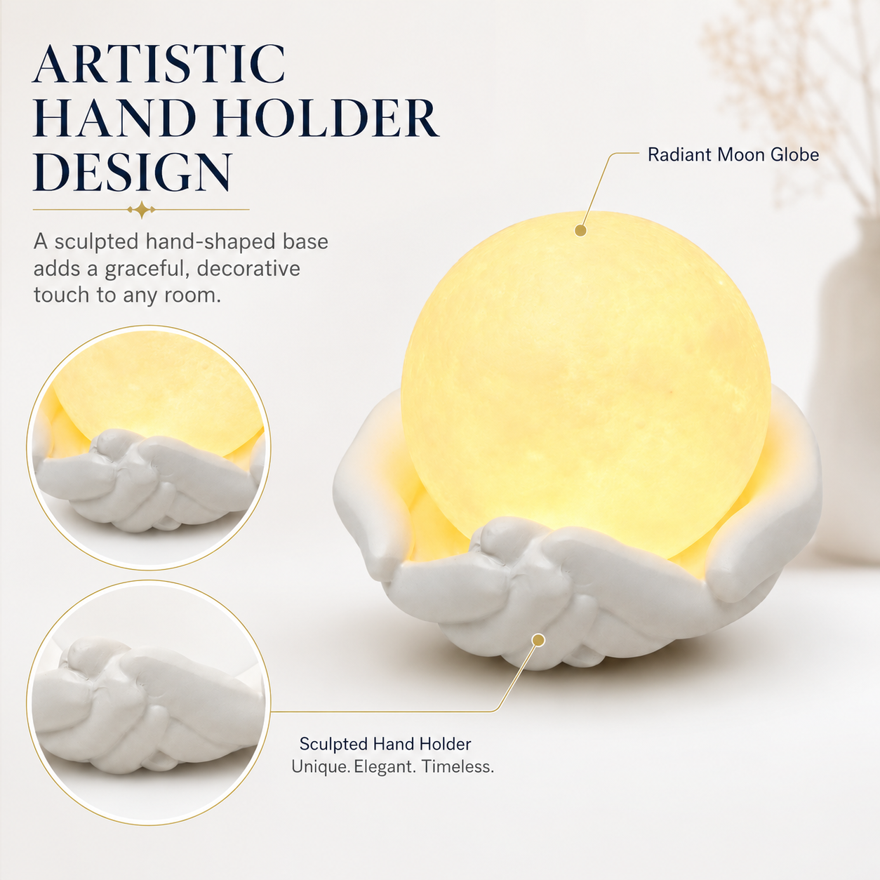 Moon Lamp with Hand Holder, Glowing Full Moon Night Light with White Sculpted Hands Base, Warm Decorative Table Lamp for Bedroom, Nursery, Living Room, Desk, Gift for Women and Kids