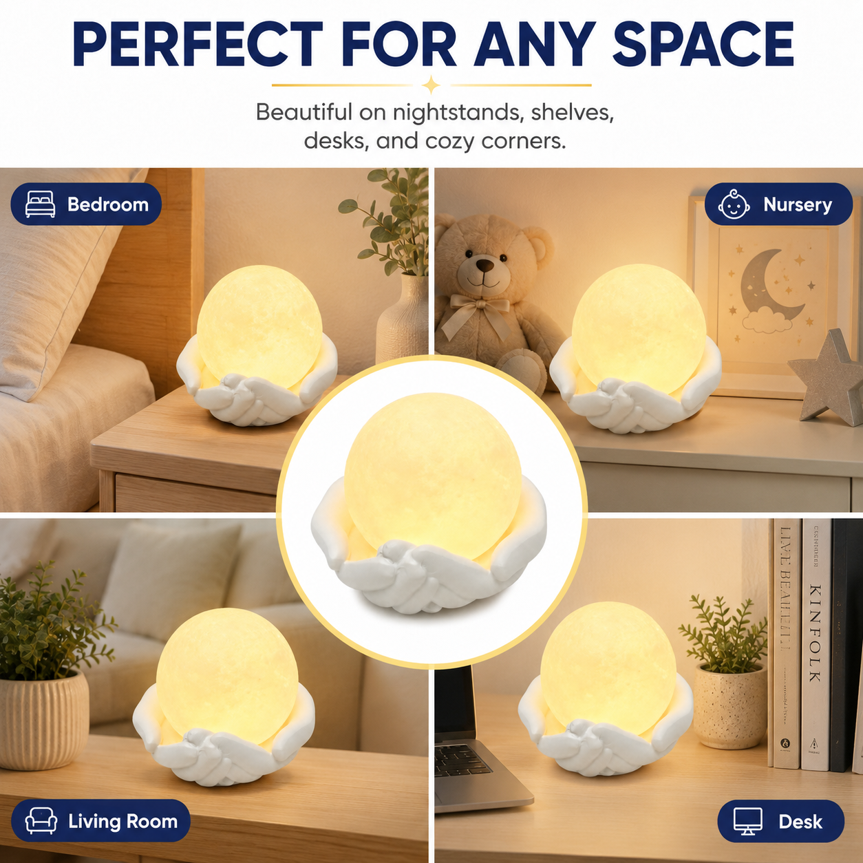 Moon Lamp with Hand Holder, Glowing Full Moon Night Light with White Sculpted Hands Base, Warm Decorative Table Lamp for Bedroom, Nursery, Living Room, Desk, Gift for Women and Kids