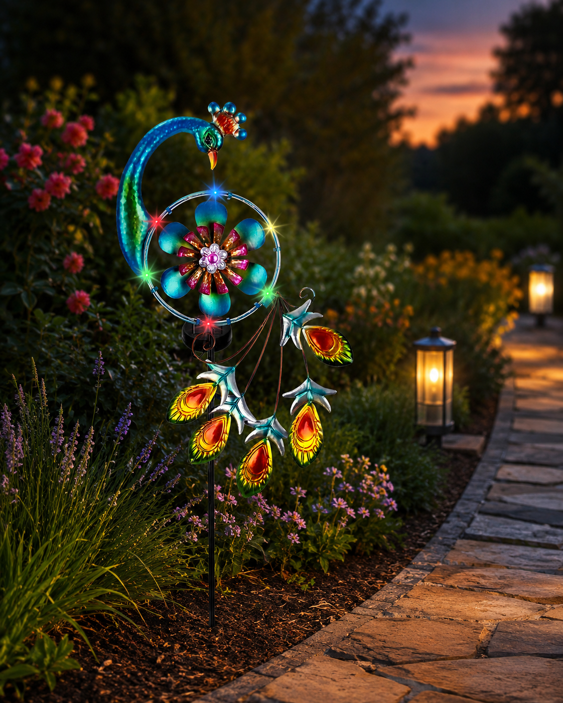Solar Peacock Garden Stake Lights,Double-Layer Flower Outdoor Yard Decoration, Waterproof Decorative Garden Light for Patio, Lawn, Pathway