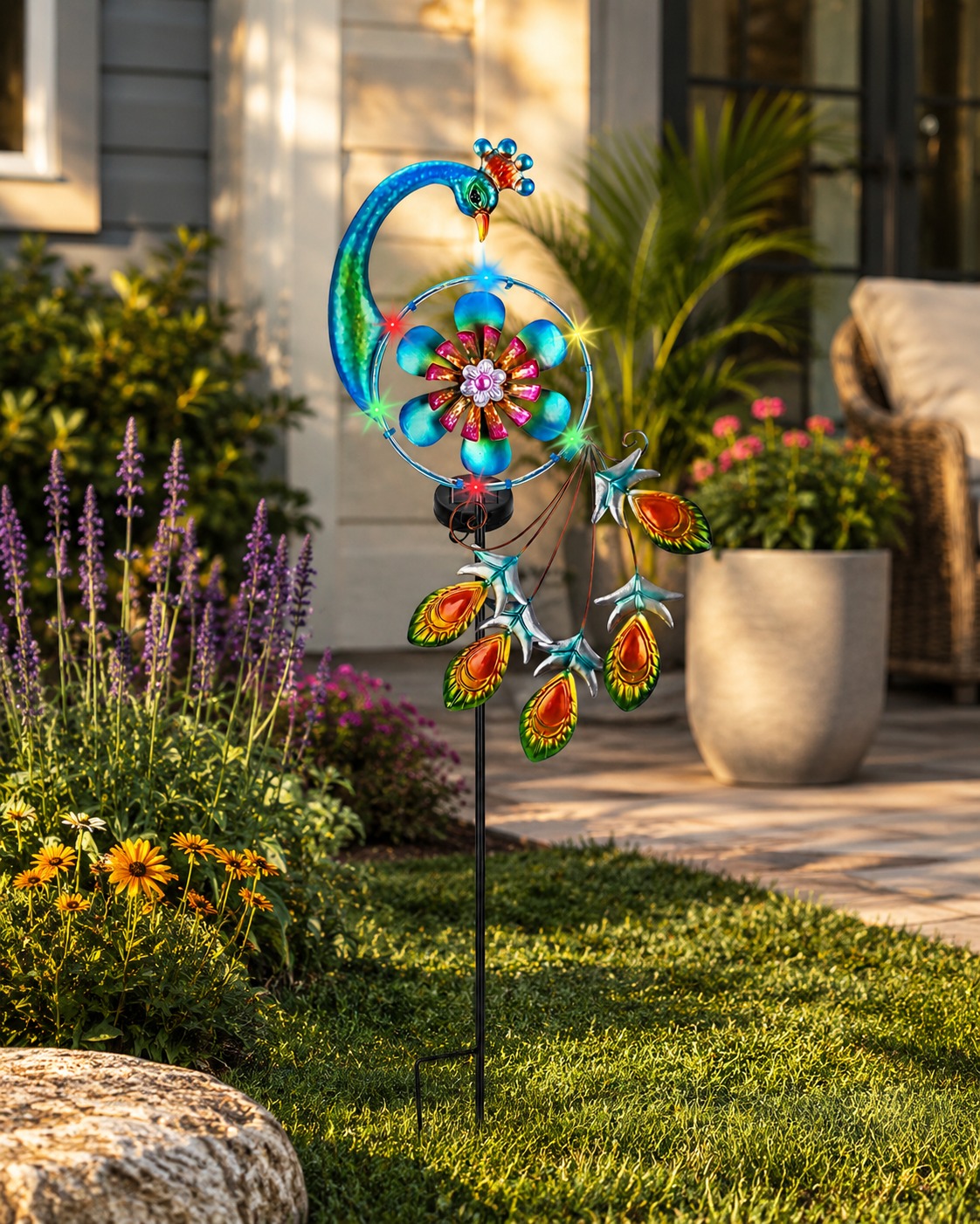 Solar Peacock Garden Stake Lights,Double-Layer Flower Outdoor Yard Decoration, Waterproof Decorative Garden Light for Patio, Lawn, Pathway