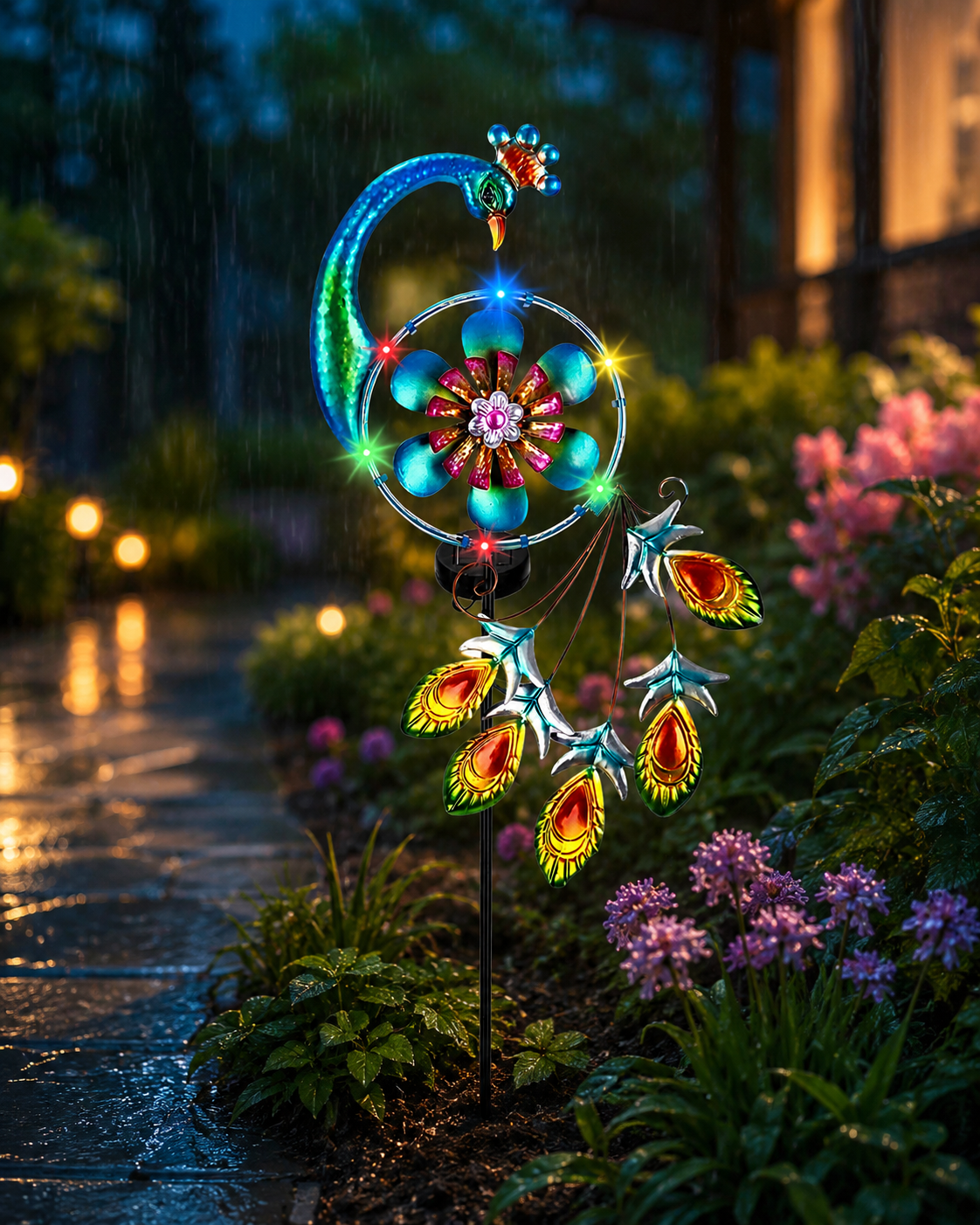 Solar Peacock Garden Stake Lights,Double-Layer Flower Outdoor Yard Decoration, Waterproof Decorative Garden Light for Patio, Lawn, Pathway