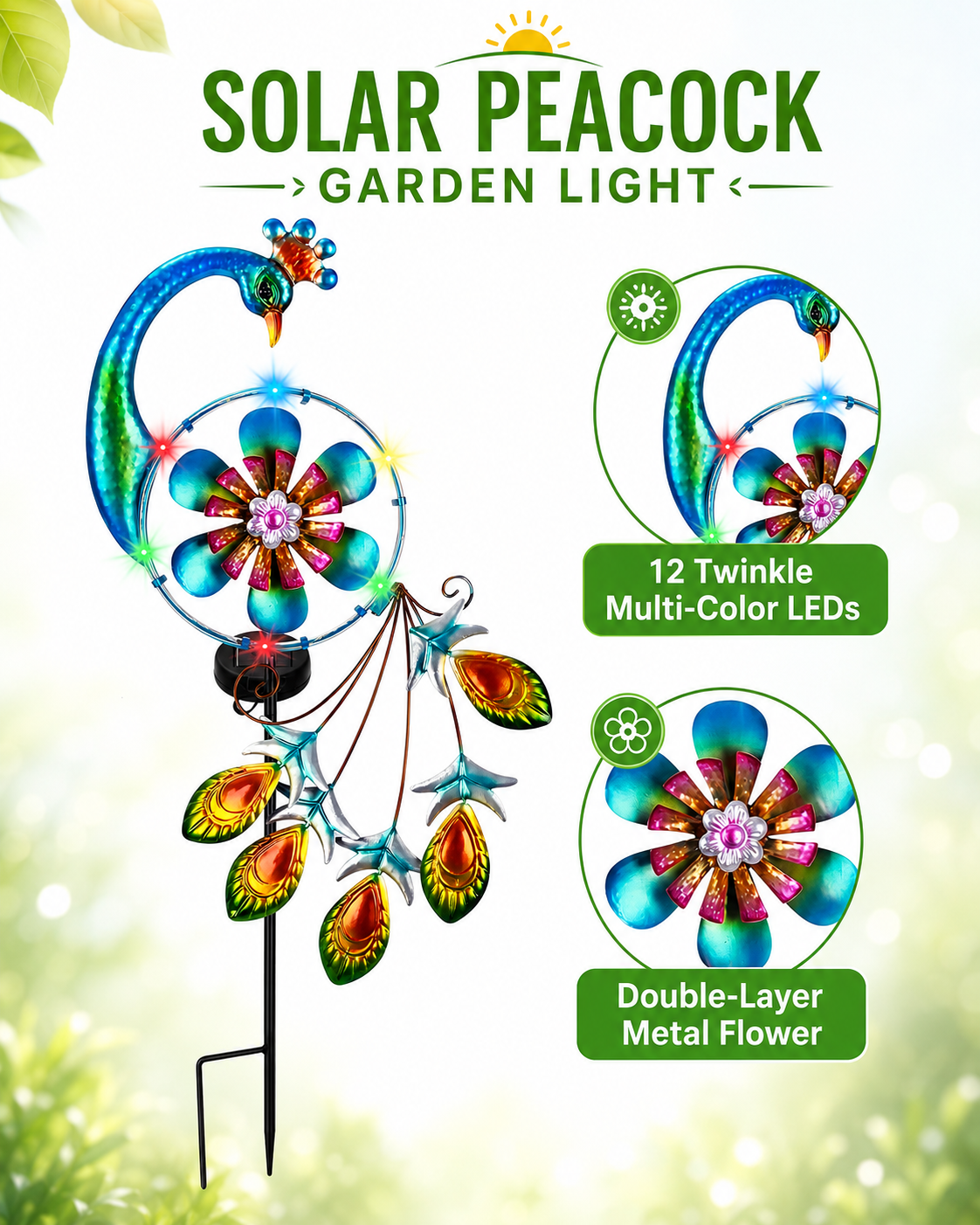 Solar Peacock Garden Stake Lights,Double-Layer Flower Outdoor Yard Decoration, Waterproof Decorative Garden Light for Patio, Lawn, Pathway